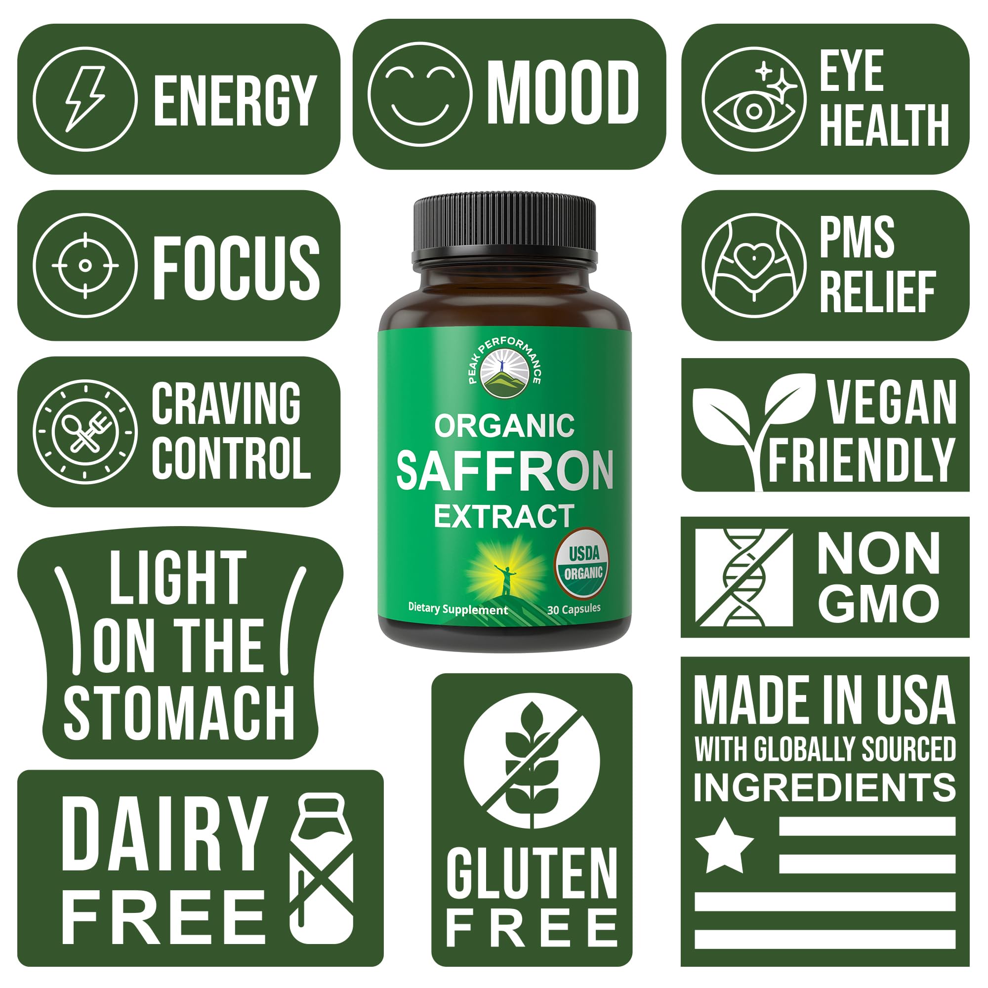 Peak Performance saffron capsules box next to calendar illustrating PMS support.