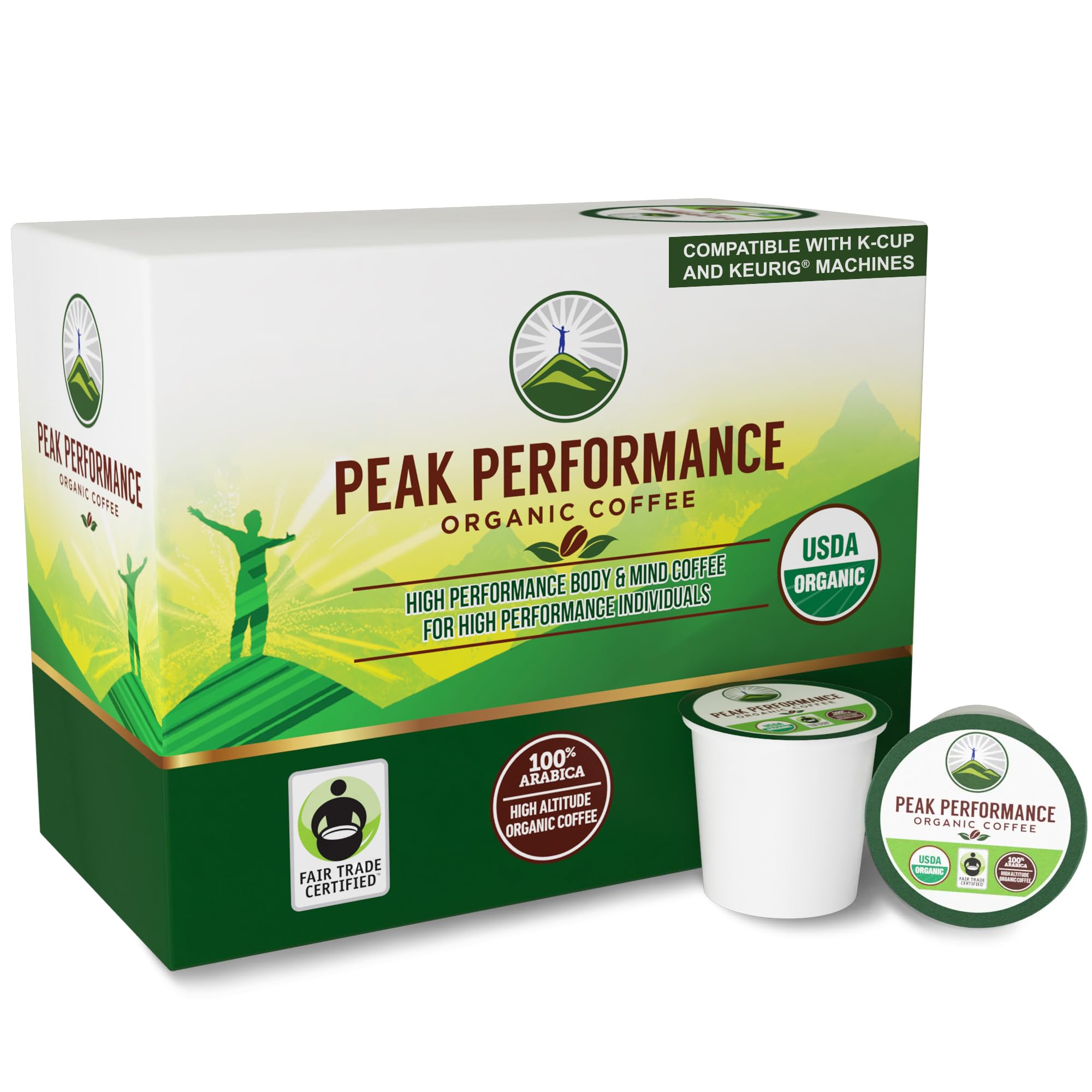 Peak Performance USDA Organic coffee pods in a 24-count box with recyclable cups.