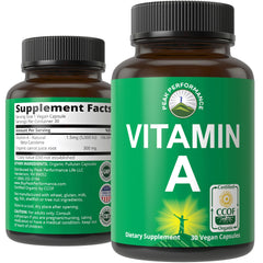 Peak Performance Vitamin A Organic 5000 IU bottle shown for daily immune and skin support