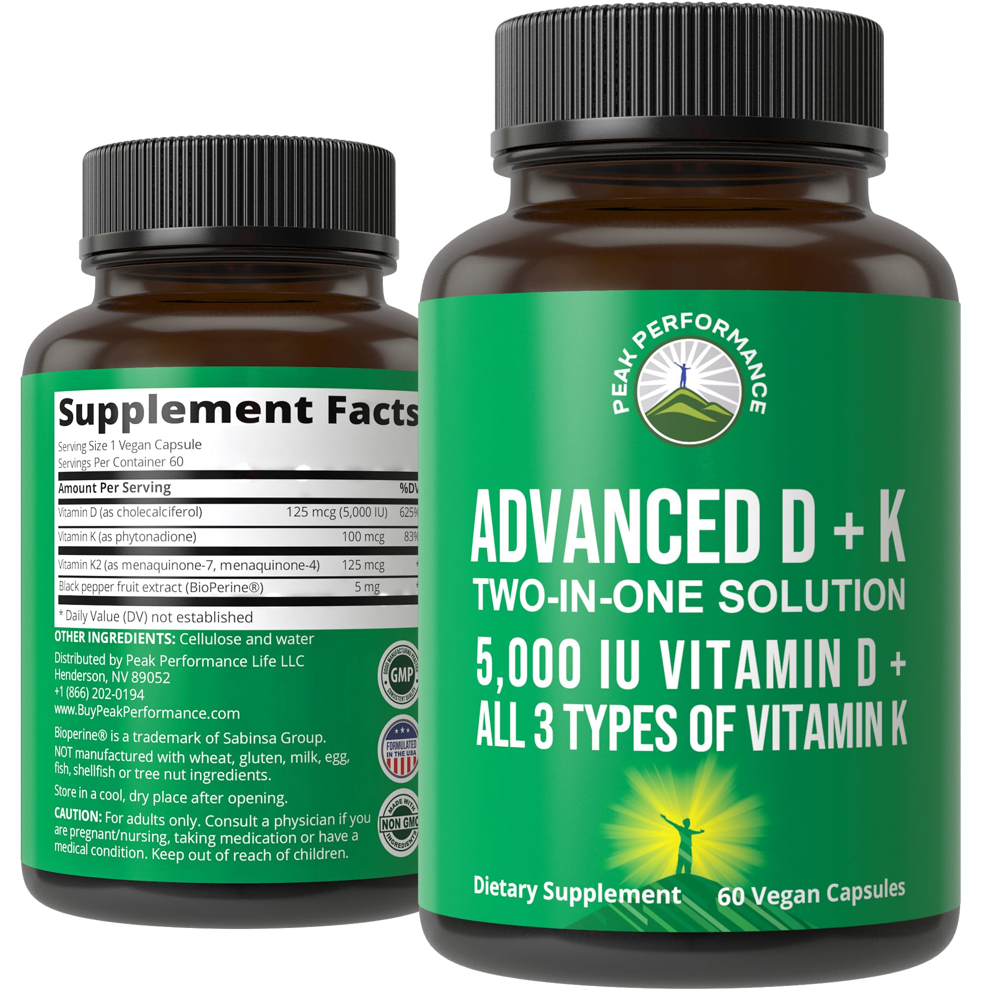 Peak Performance vitamin D and K bottle front for easy daily supplementation