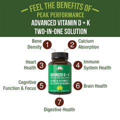 Peak Performance vitamin d and k capsules close-up highlights small easy-to-swallow pills.