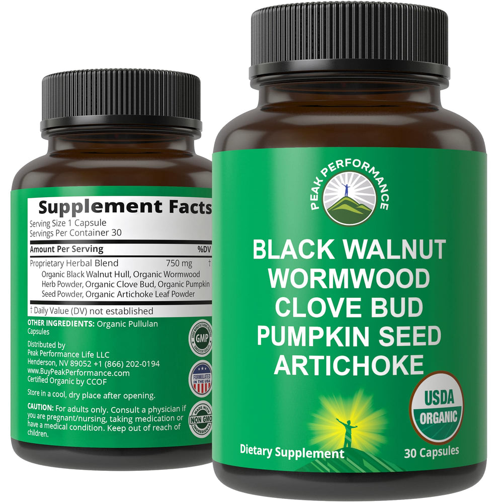 Peak Performance Wormwood bottle demonstrates a gentle detox blend for digestive support.
