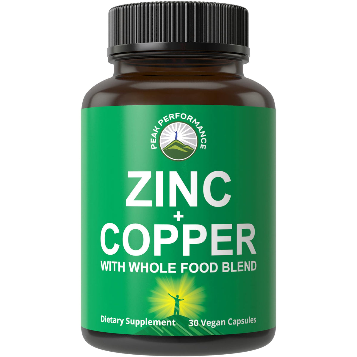 Peak Performance Zinc with Copper bottle pour highlighting premium daily wellness