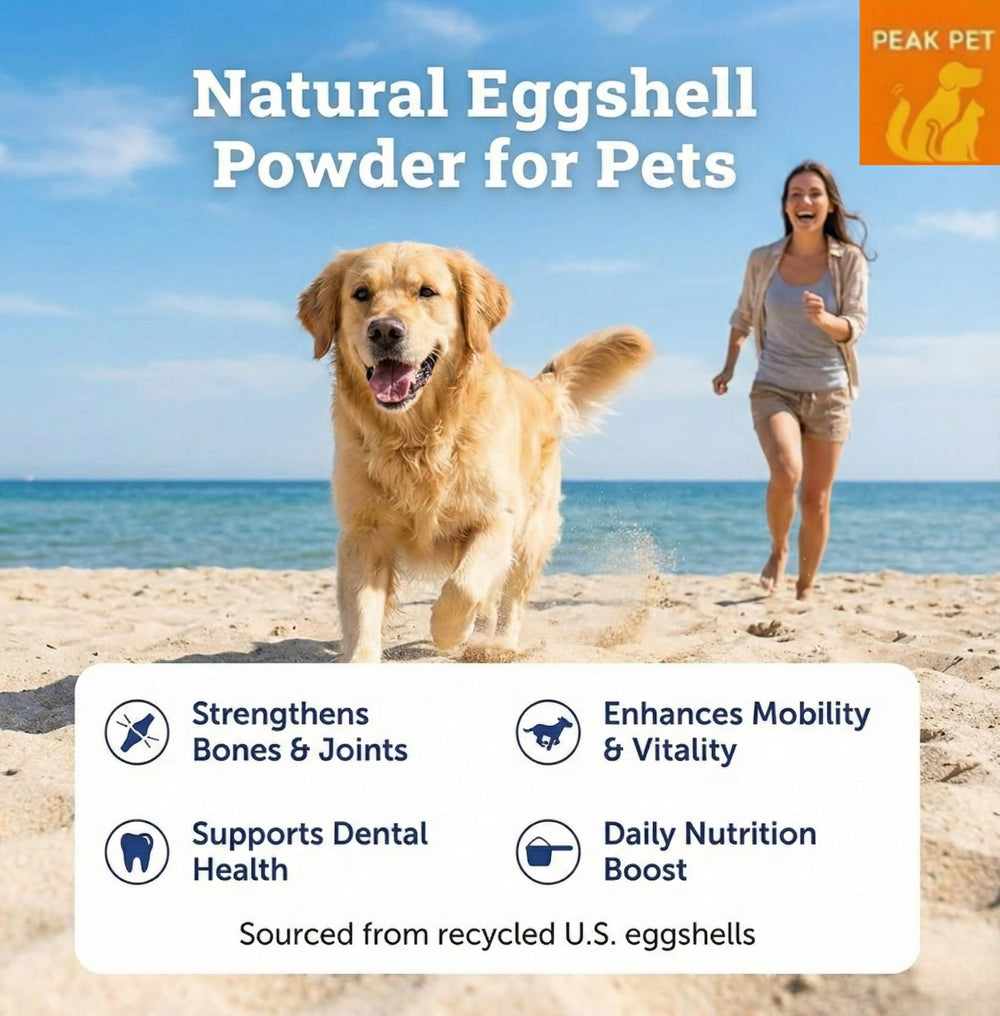 PEAK PET poudre coquilles œuf et cuillère doseuse, dosage précis pour les repas.