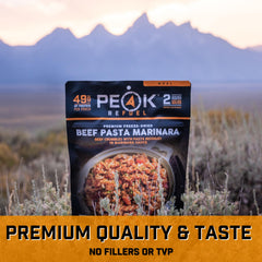 Peak Refuel Beef Pasta Marinara camping setup illustrates ideal backpacking meal.