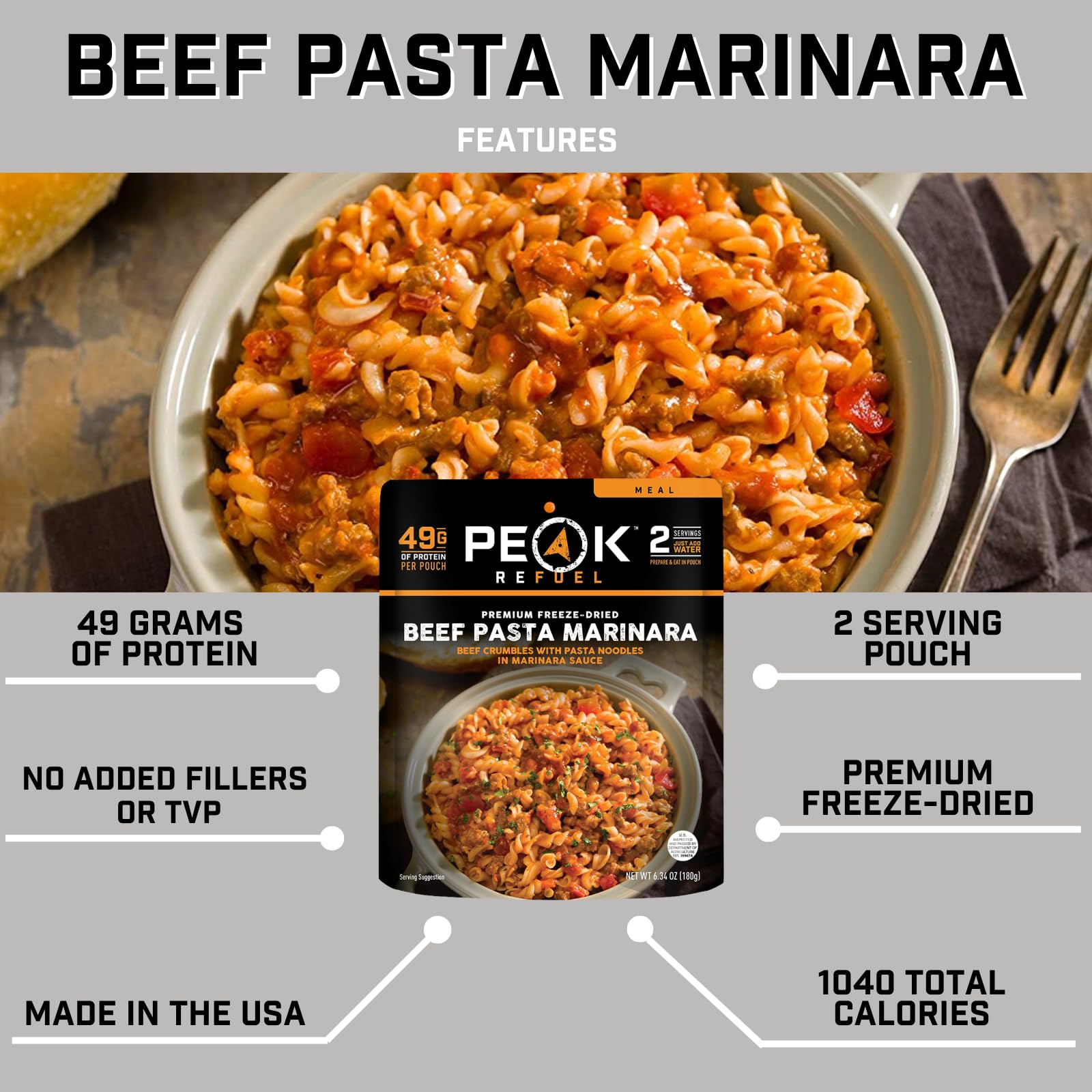 Peak Refuel Beef Pasta Marinara ingredients closeup emphasizes premium freeze-dried nutrition.