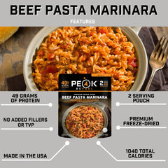 Peak Refuel Beef Pasta Marinara ingredients closeup emphasizes premium freeze-dried nutrition.