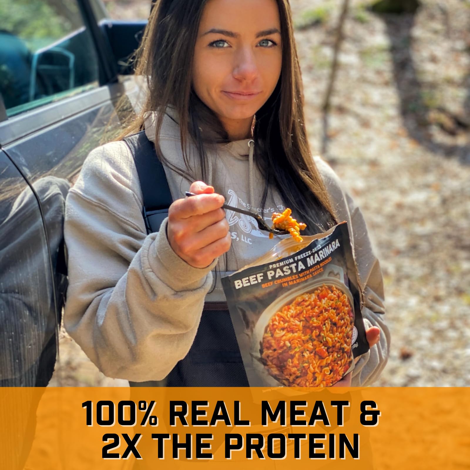 Peak Refuel Beef Pasta Marinara nutrition panel shows energy-dense pouch for adventures.