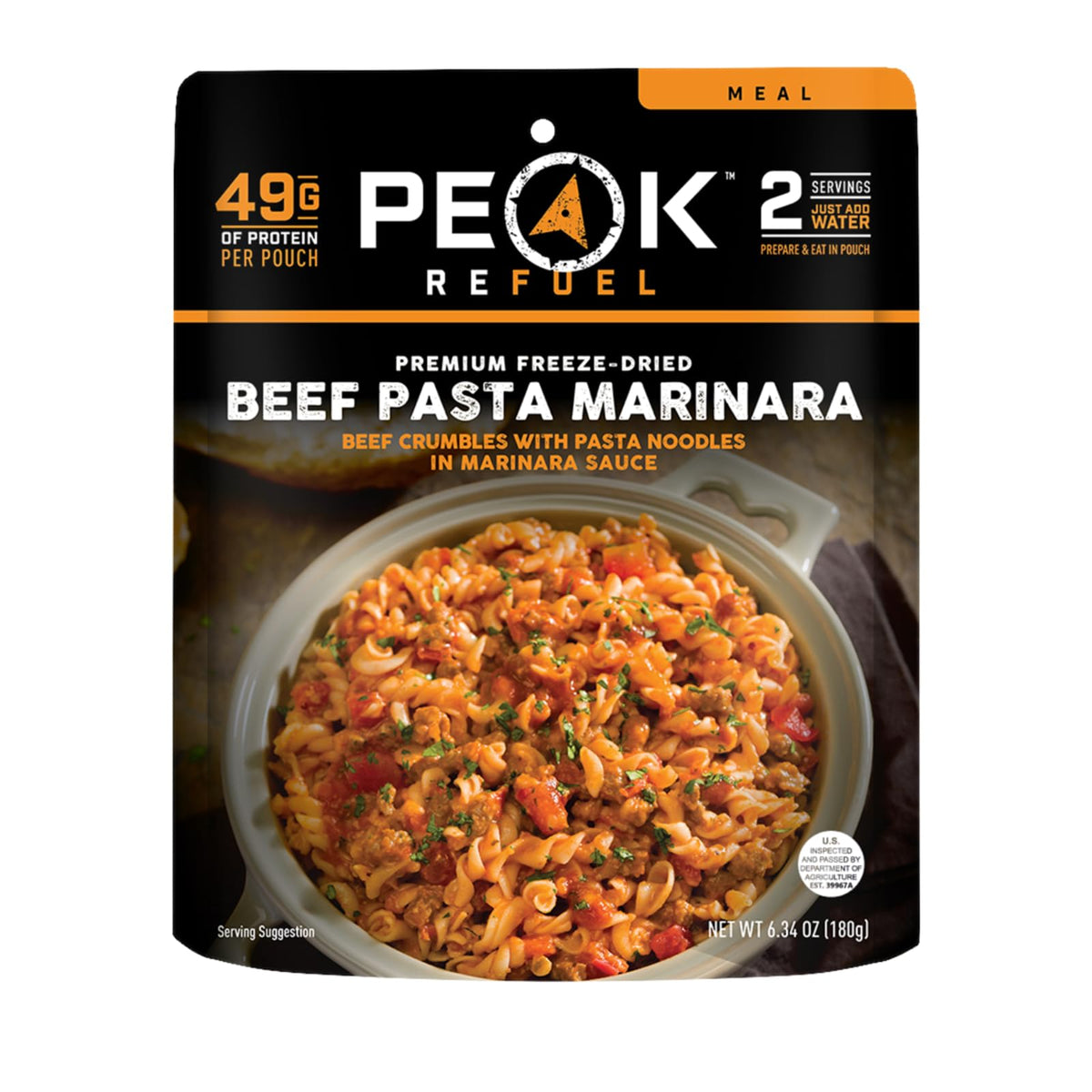 Peak Refuel Beef Pasta Marinara pack highlights high-protein trail meal.