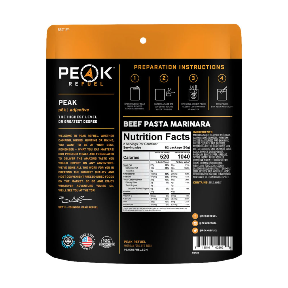 Peak Refuel Beef Pasta Marinara serving bowl convenient on-the-go dinner.
