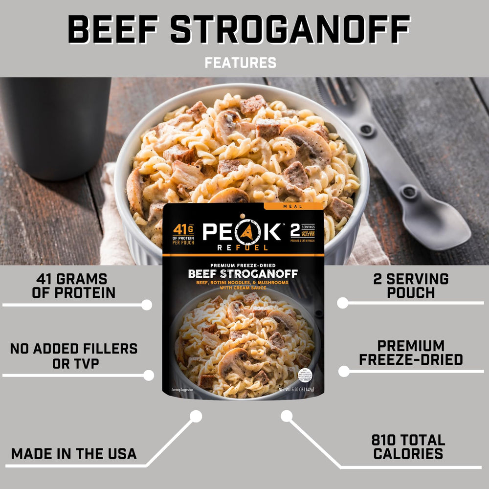 Cooked Peak Refuel Beef Stroganoff plate with real meat and rich sauce on a plate.
