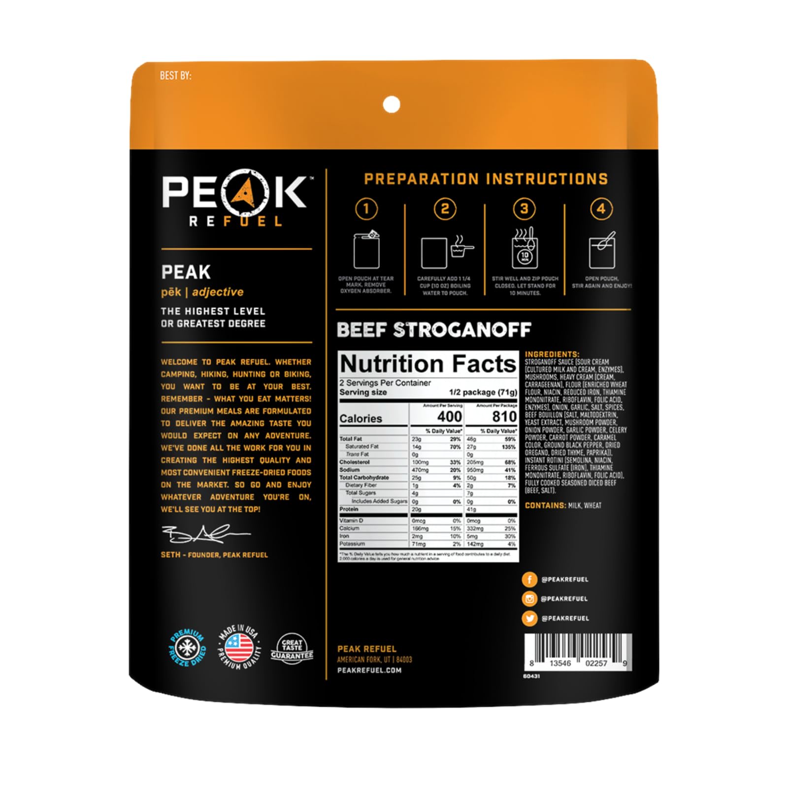 Peak Refuel Beef Stroganoff ingredients highlight premium freeze-dried components for quick cooking.