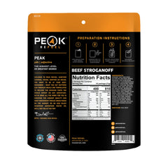 Peak Refuel Beef Stroganoff ingredients highlight premium freeze-dried components for quick cooking.