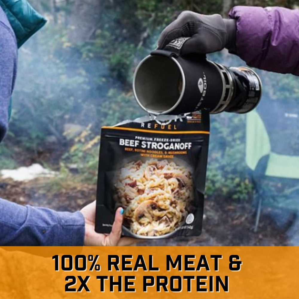 Peak Refuel Beef Stroganoff nutrition facts panel emphasizing high protein and clean ingredients.