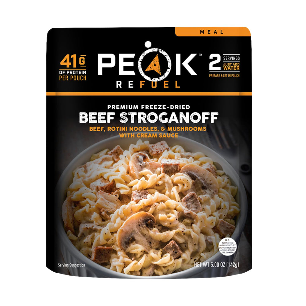 Peak Refuel Beef Stroganoff packaging shows a lightweight, convenient backpacking meal.