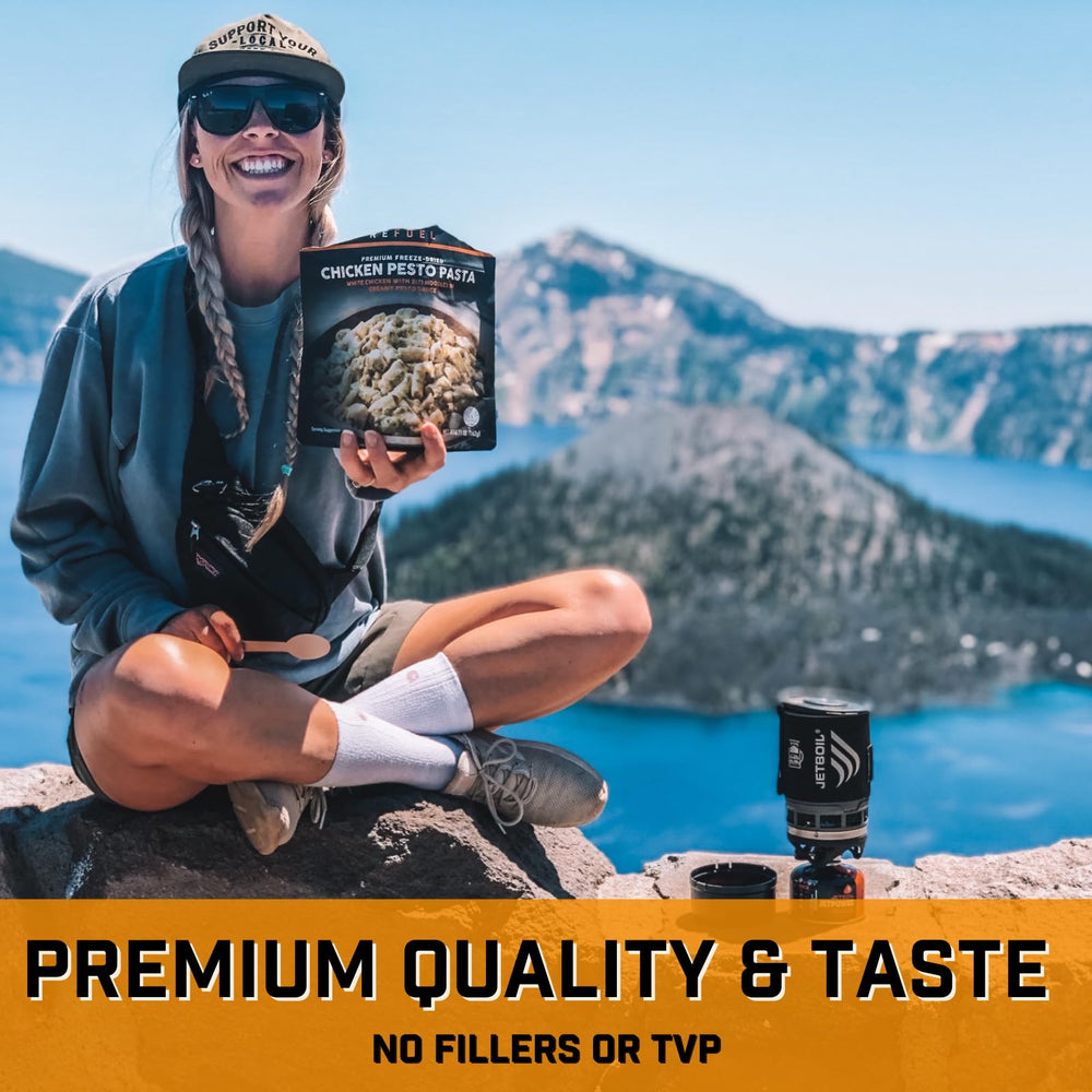 Peak Refuel Chicken Pesto Pasta ingredients, premium freeze-dried texture preserved.
