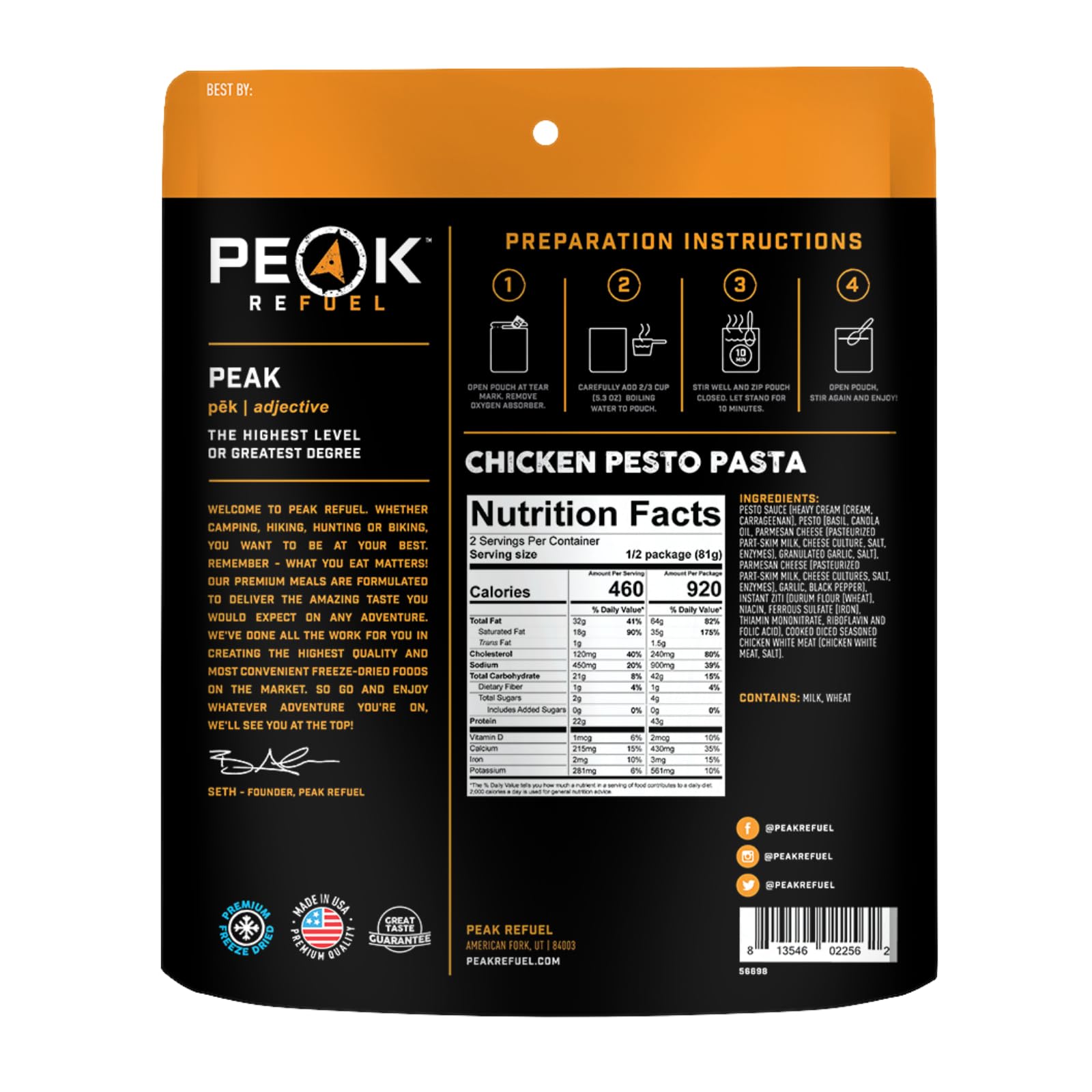 Peak Refuel Chicken Pesto Pasta pack opened, showing two-serving pouch.