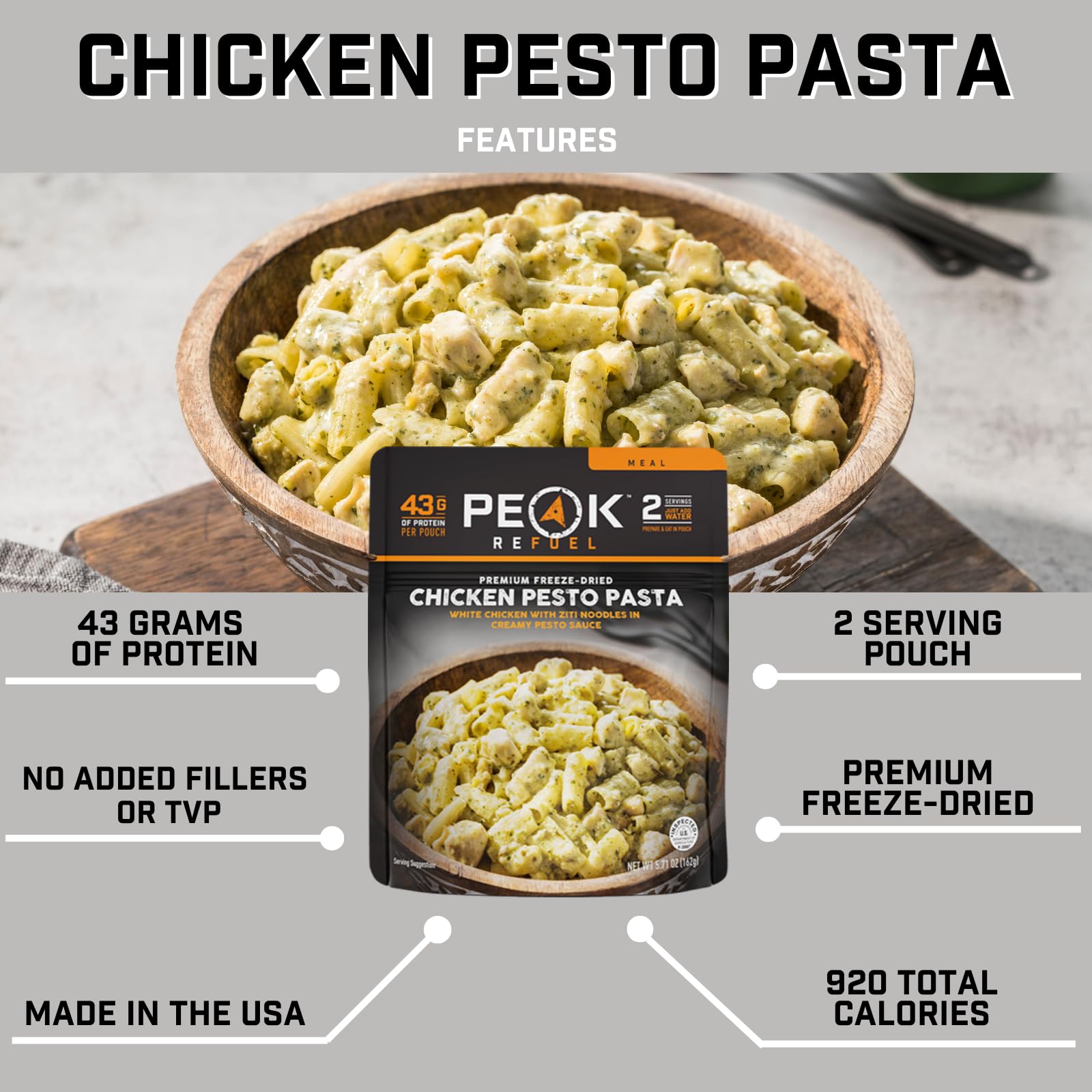 Peak Refuel Chicken Pesto Pasta after hydration, ready-to-eat on trail.
