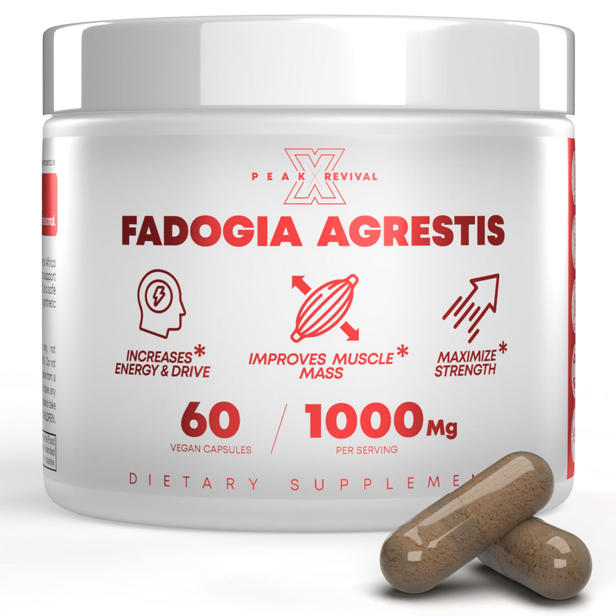Peak Revival-X Fadogia Agrestis bottle front promotes energy and workout readiness