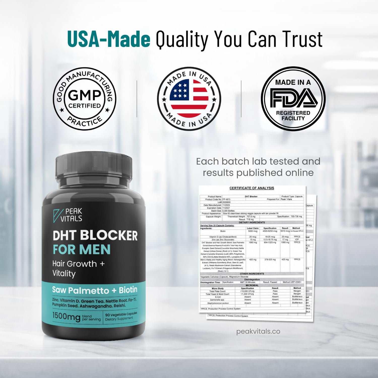 Peak Vitals DHT Blocker ashwagandha and reishi blend promoting stress resilience.