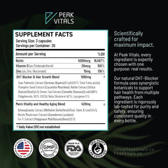 Peak Vitals DHT Blocker capsules closeup showing plant-based ingredients for hair health.