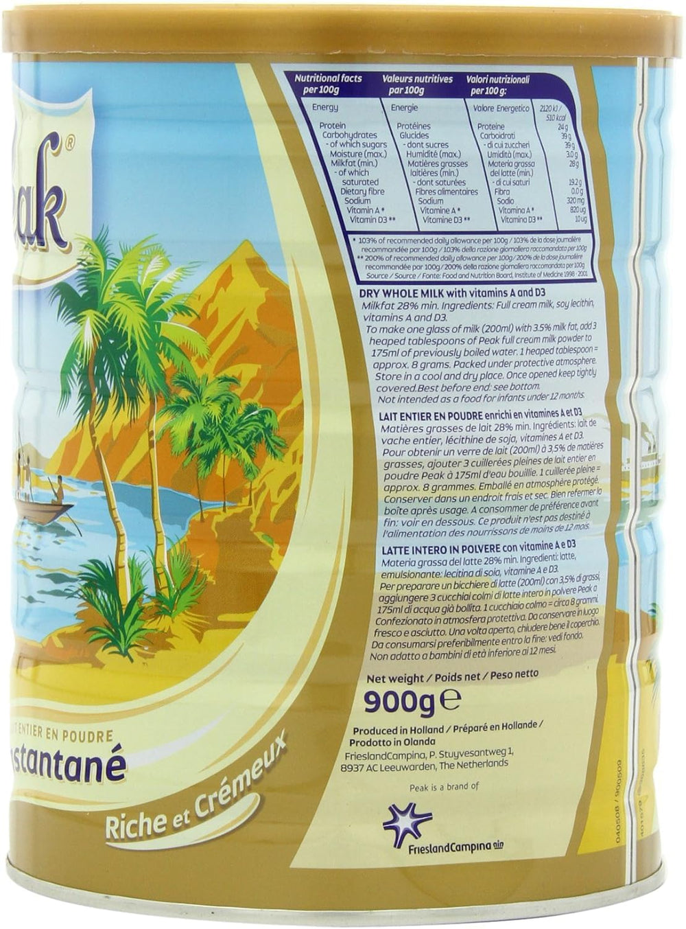 Peak Whole Milk Powder Holland origin label closeup highlights quality and origin.