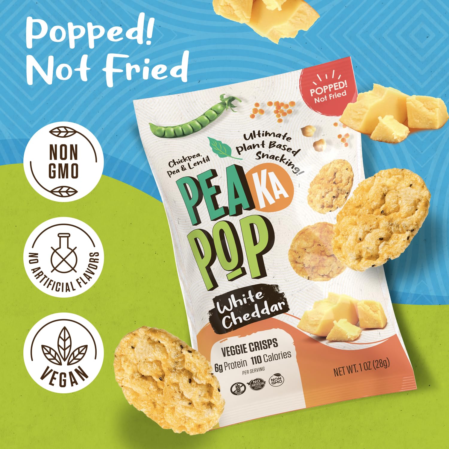 Ingredients close-up of PeaKaPop Veggie Chips featuring peas, lentils and chickpeas