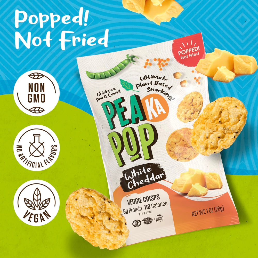Ingredients close-up of PeaKaPop Veggie Chips featuring peas, lentils and chickpeas