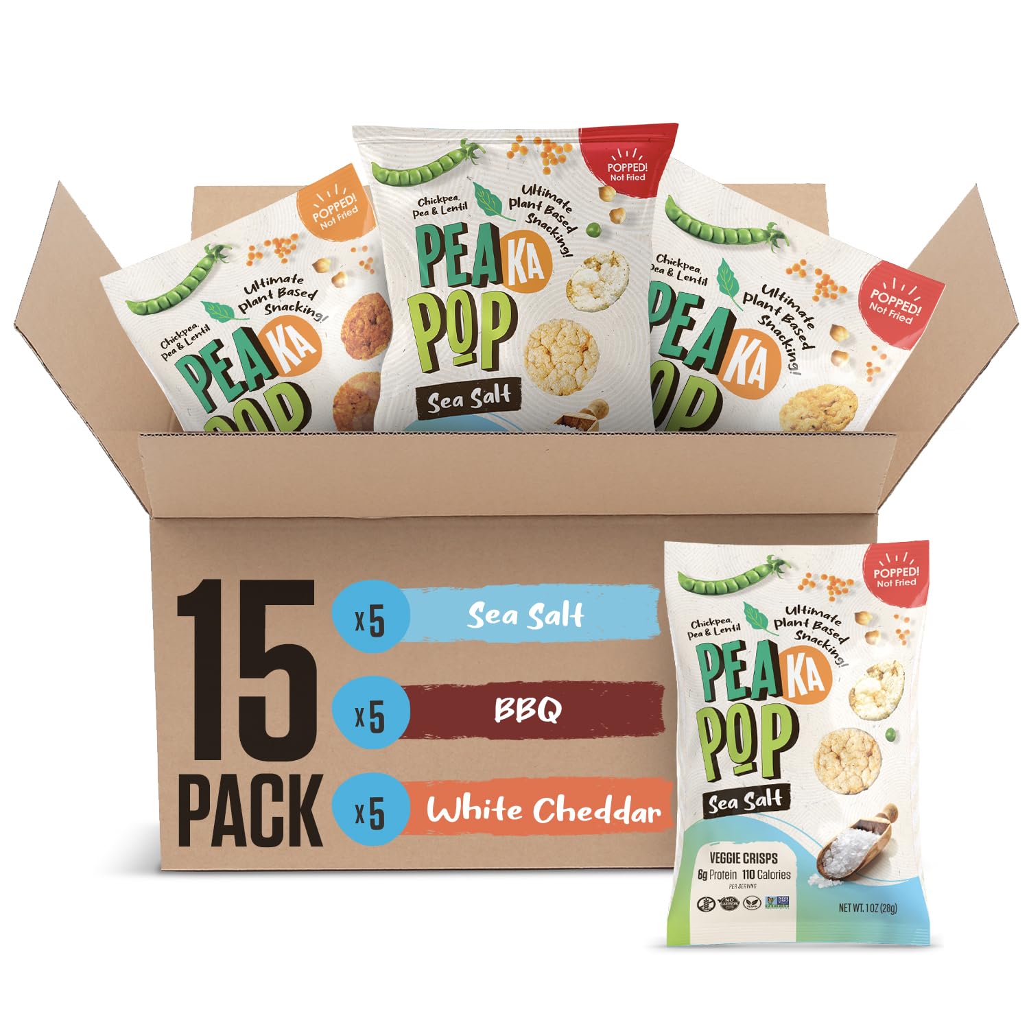 PeaKaPop Veggie Chips Sea Salt 1oz bag, crunchy on-the-go snack