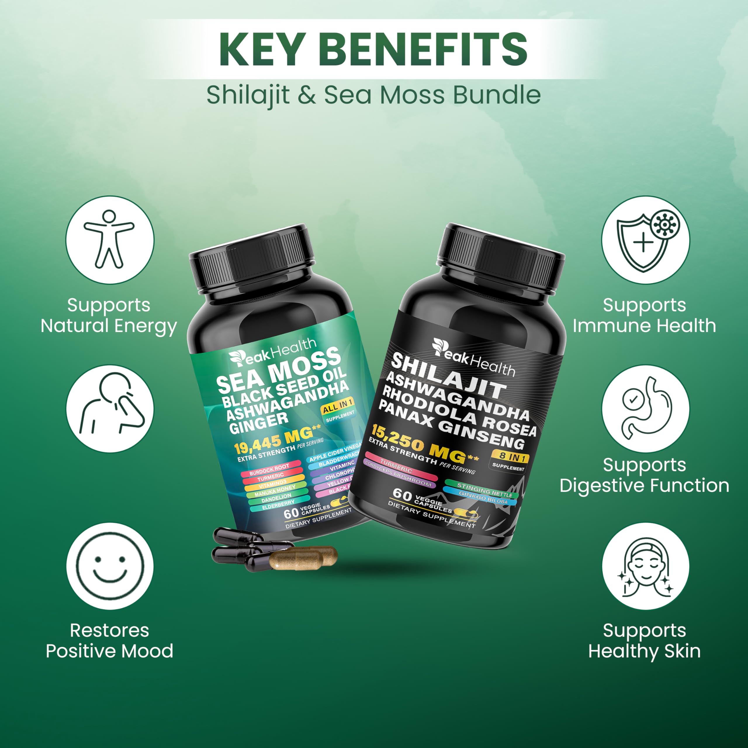 Peakhealth daily routine with capsules and water for easy wellness.