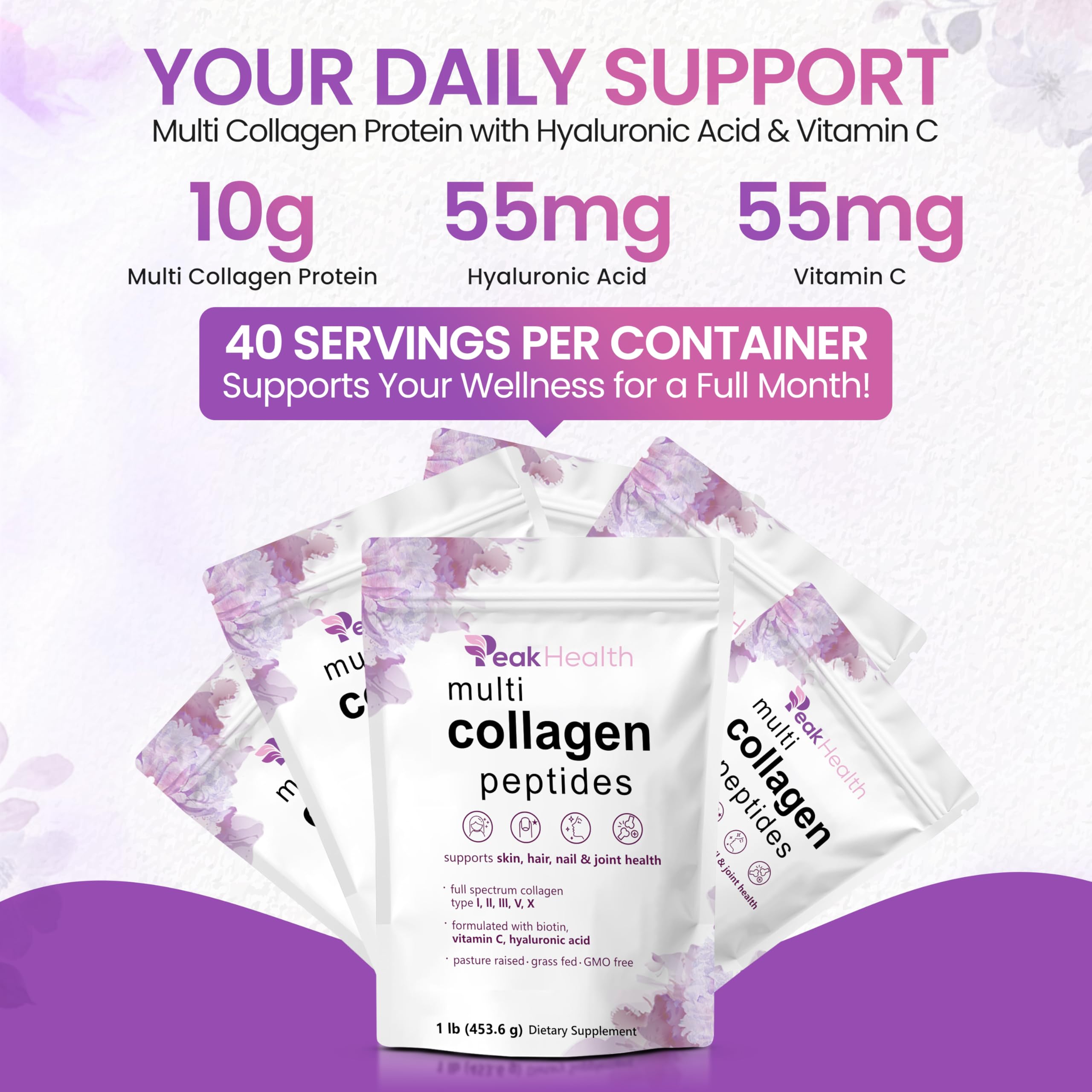 Peakhealth product image with hyaluronic acid and vitamins icons communicates added skin and joint support.