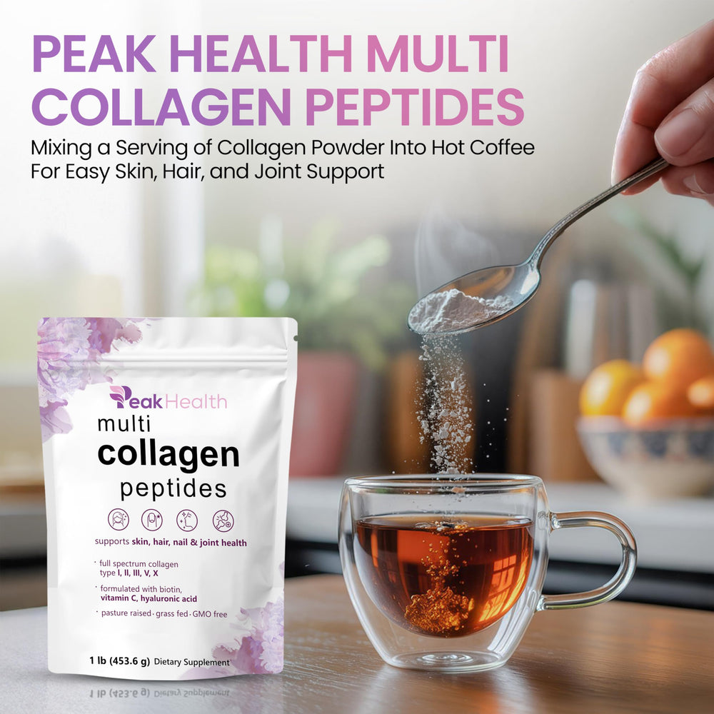 Peakhealth Multi-Collagen Powder bottle label highlights ingredient quality and sourcing.