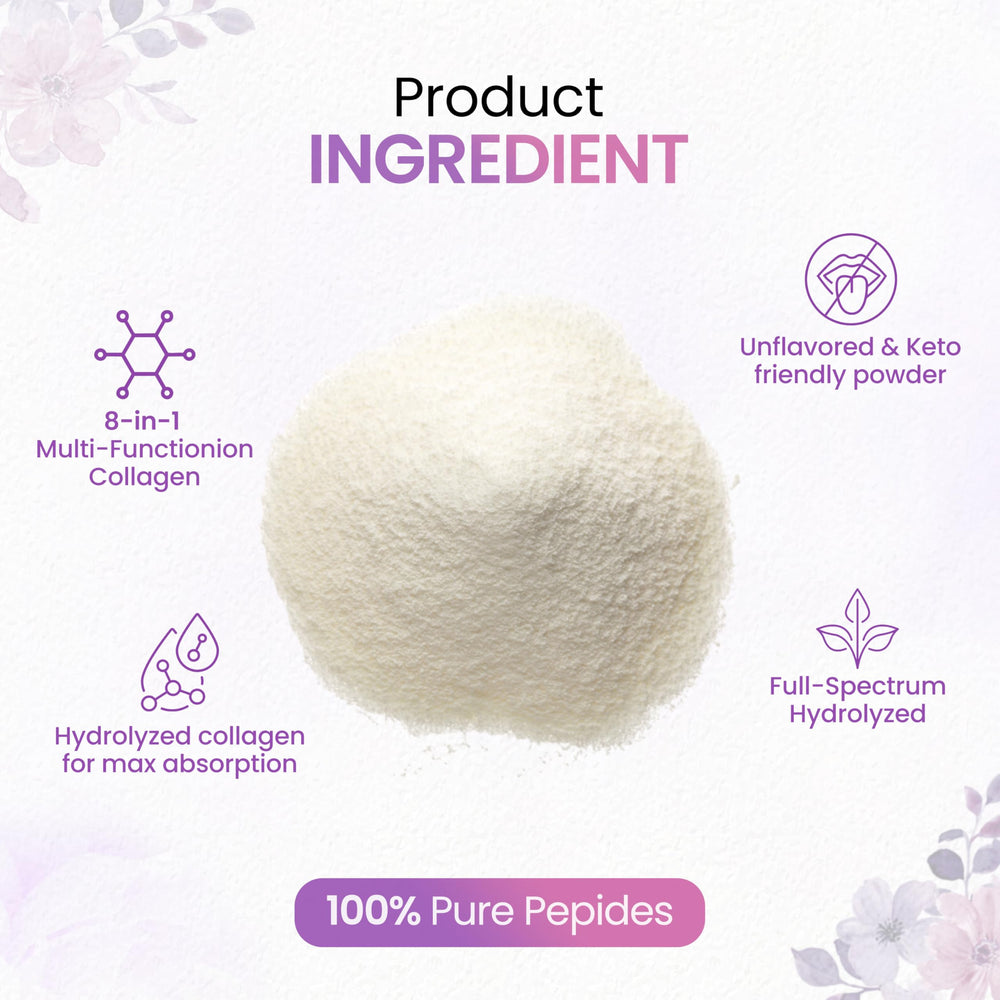Peakhealth Multi-Collagen Powder dissolving in water demonstrates quick mix for beverages.