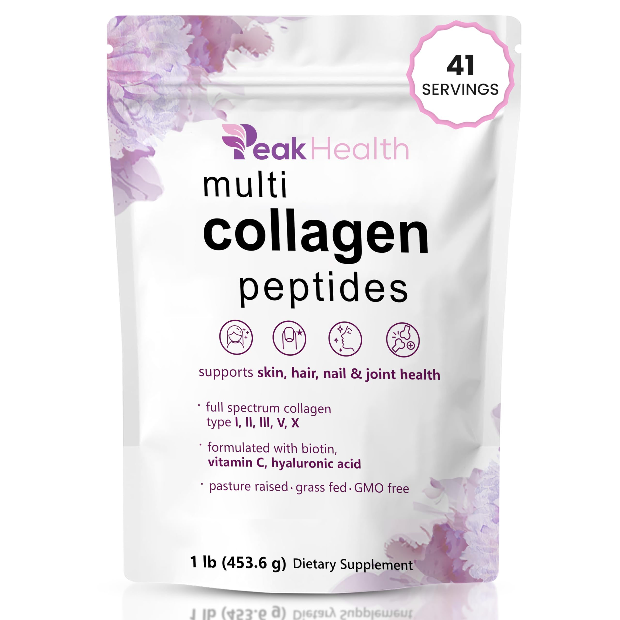 Peakhealth Multi-Collagen Powder tub closeup showing premium packaging and high-quality ingredients.