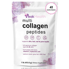 Peakhealth Multi-Collagen Powder tub closeup showing premium packaging and high-quality ingredients.