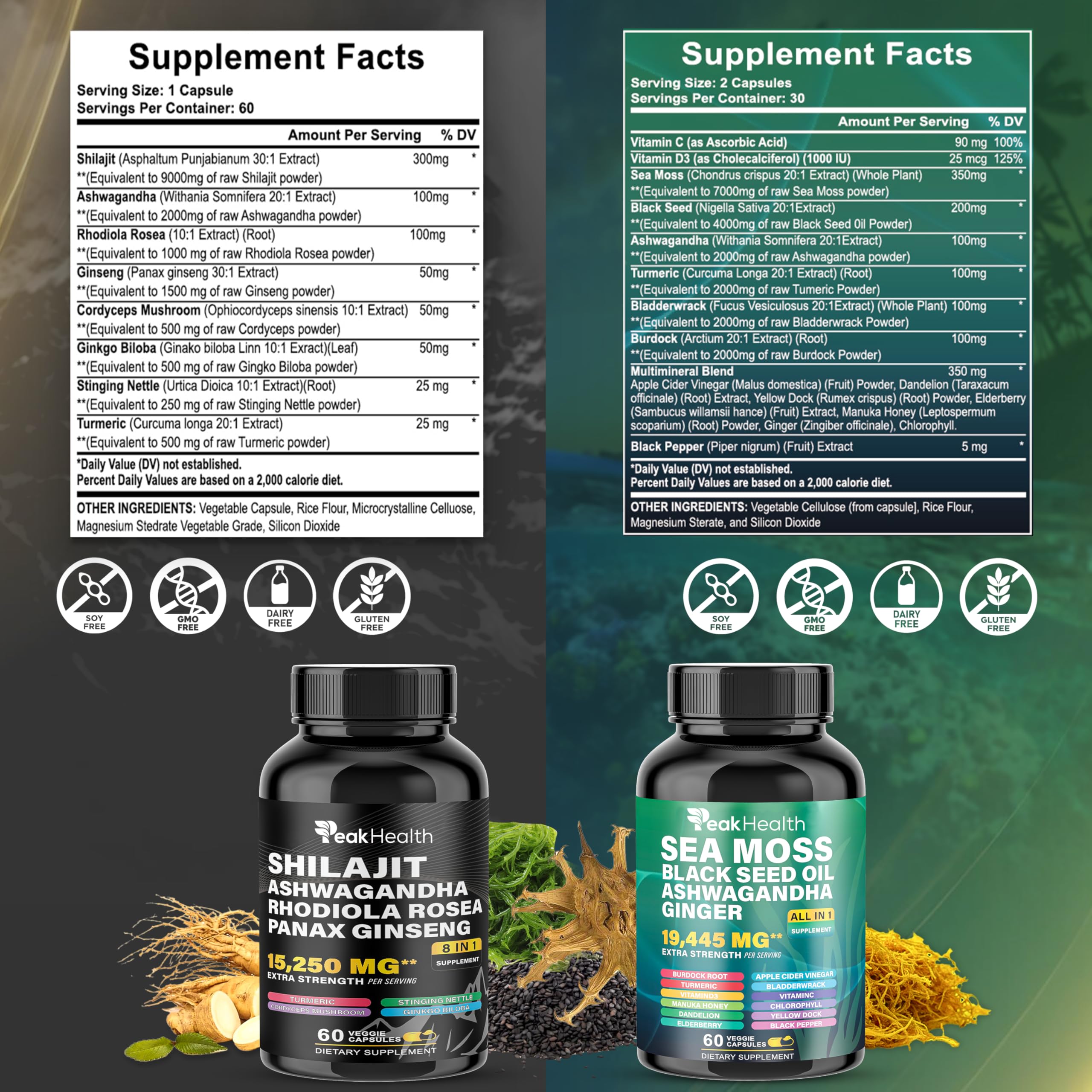  Peakhealth Shilajit Sea Moss capsules close-up for convenient daily intake.