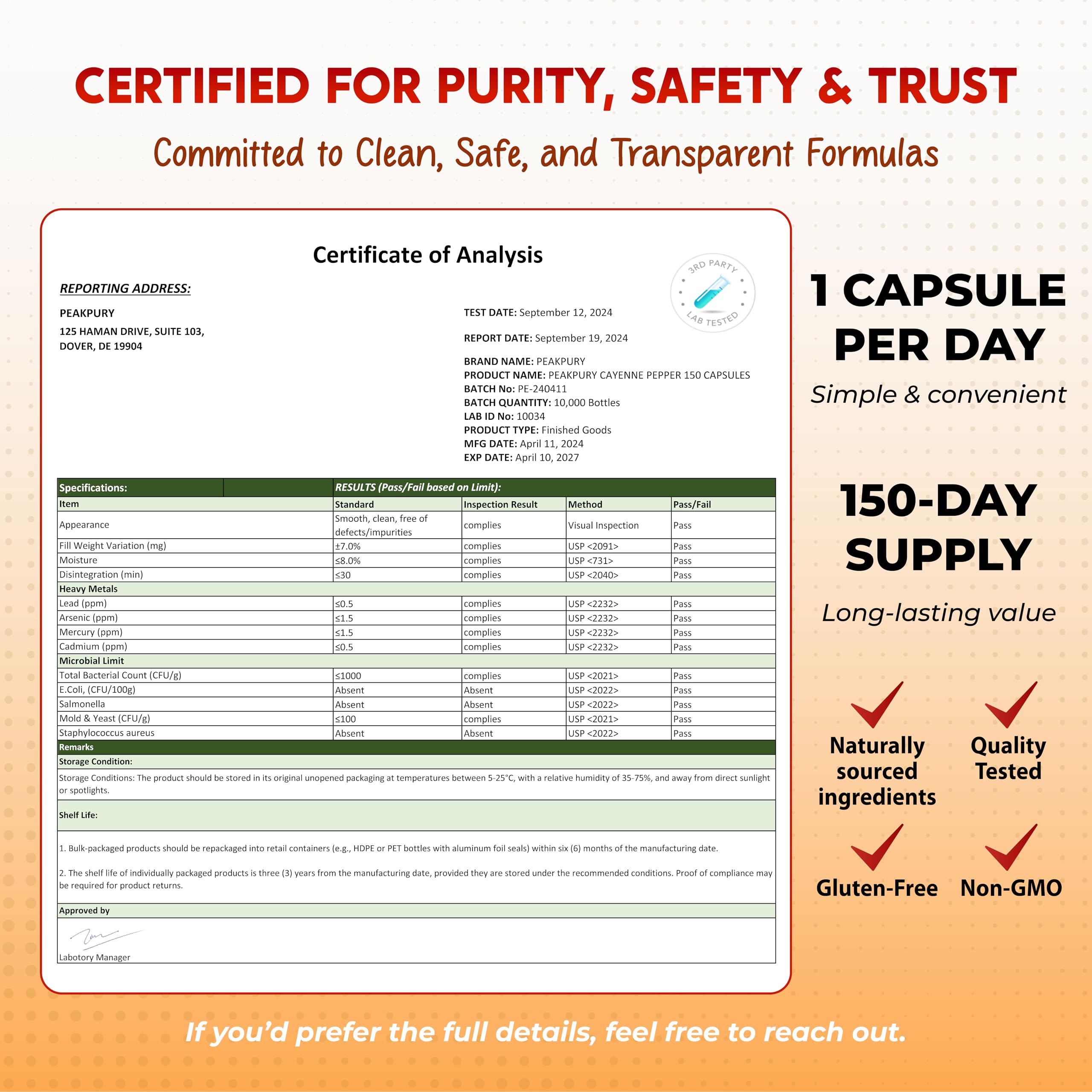 PeakPury cgmp facility stamp indicating quality testing and safety