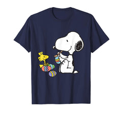 Peanuts Snoopy Woodstock Easter Egg Painting T-Shirt displaying playful design for casual spring wear