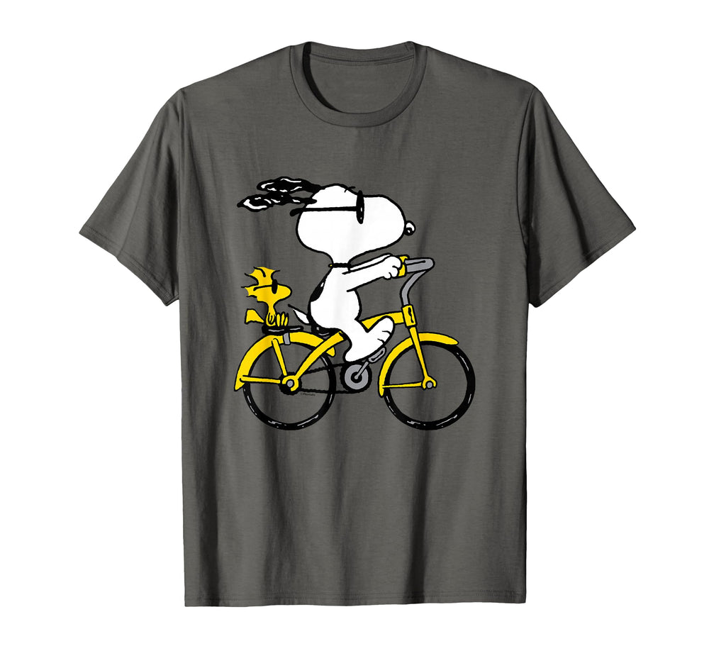 Peanuts Snoopy and Woodstock riding bike t-shirt features classic characters for casual wear