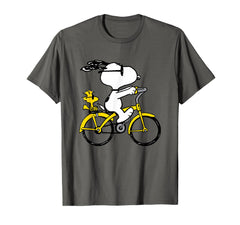 Peanuts Snoopy and Woodstock riding bike t-shirt features classic characters for casual wear