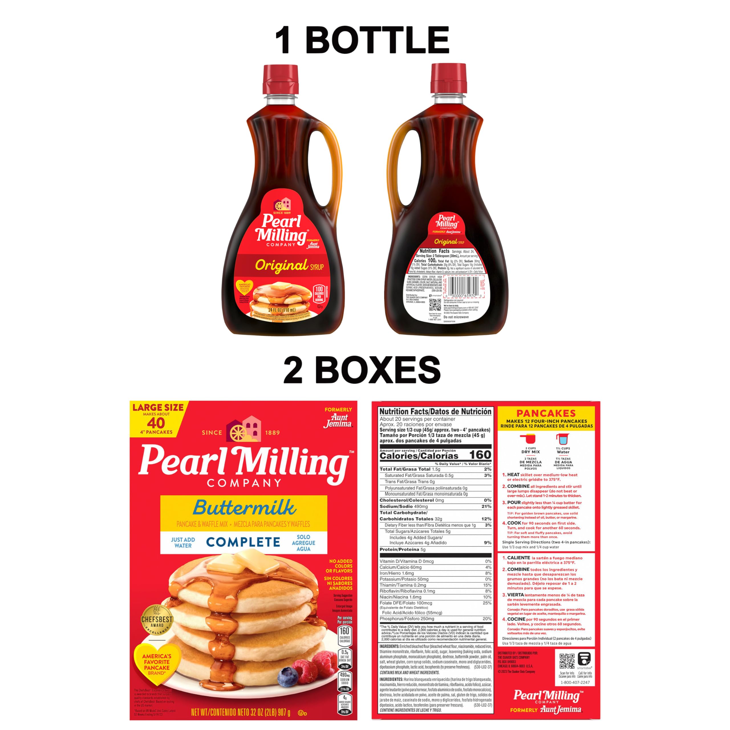 Two Pearl Milling Company pancake mix boxes shown for value and convenience