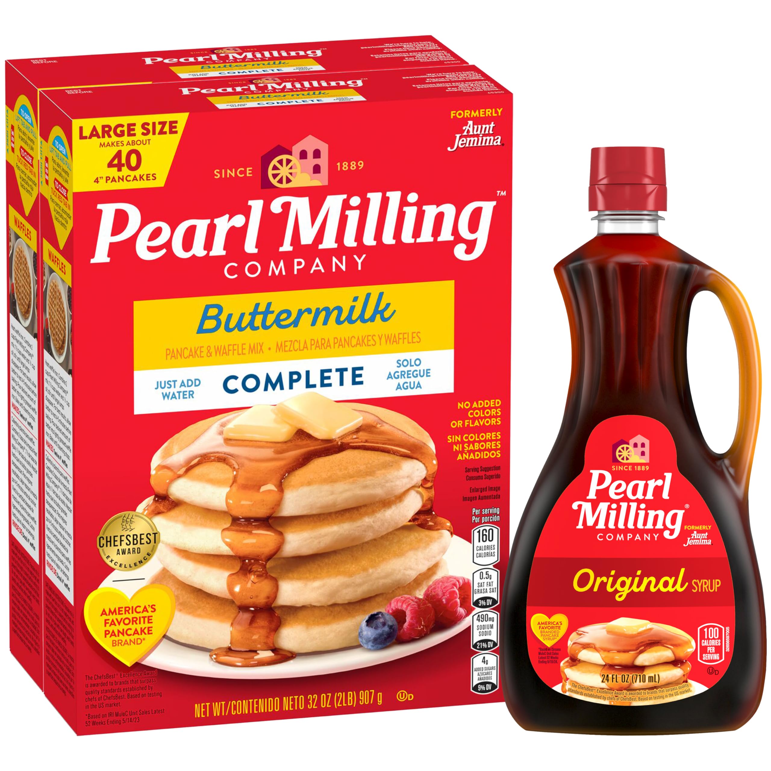 Pearl Milling Company pancake mix beside a fluffy pancake stack ready to serve