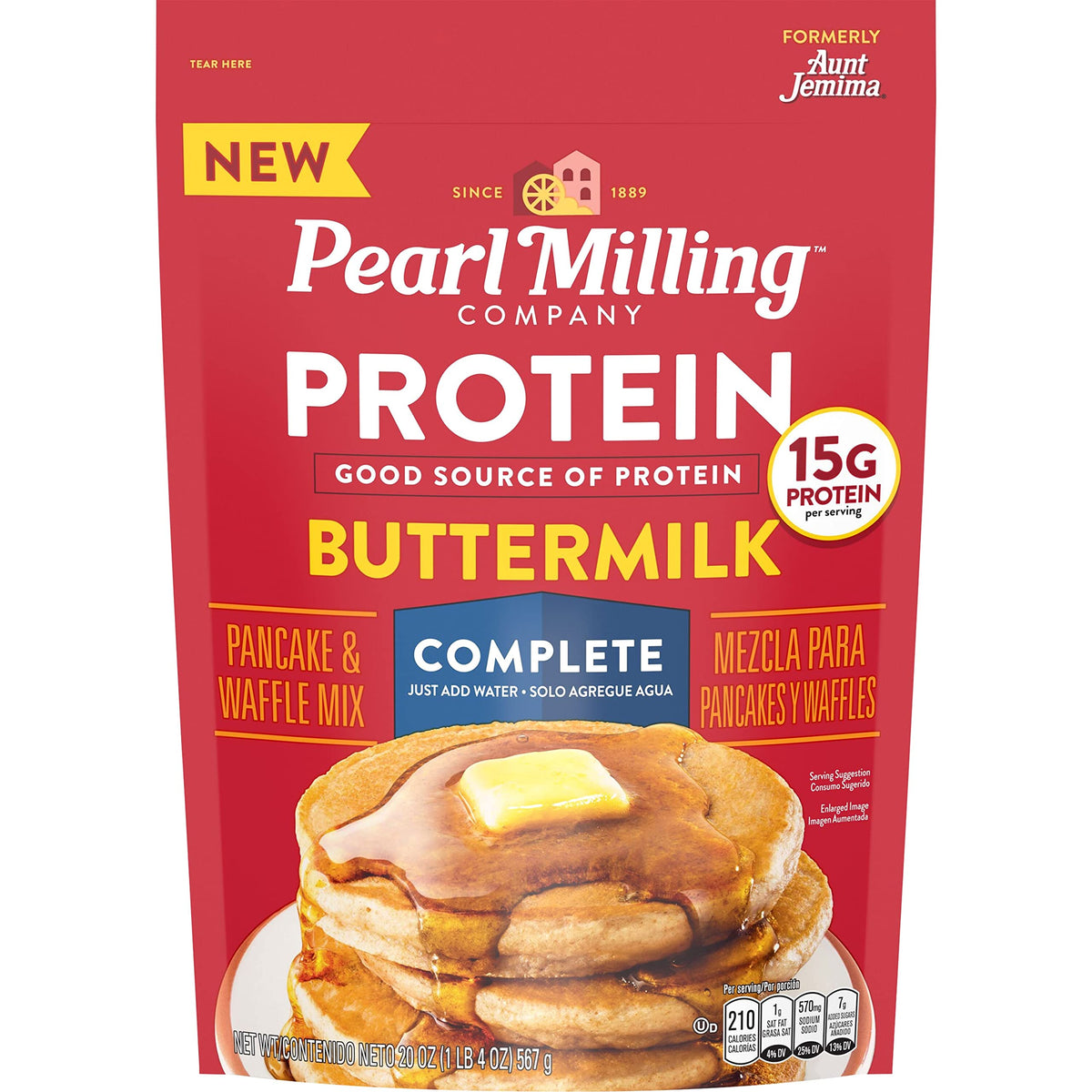 Pearl Milling Company Protein Pancake Mix poured into a skillet for breakfast