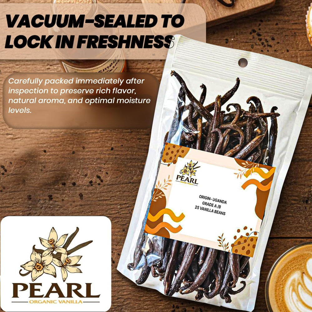Pearl Organic Vanilla beans cut open to reveal fragrant seeds for recipes