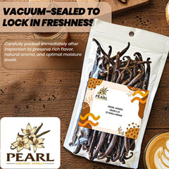 Pearl Organic Vanilla beans cut open to reveal fragrant seeds for recipes