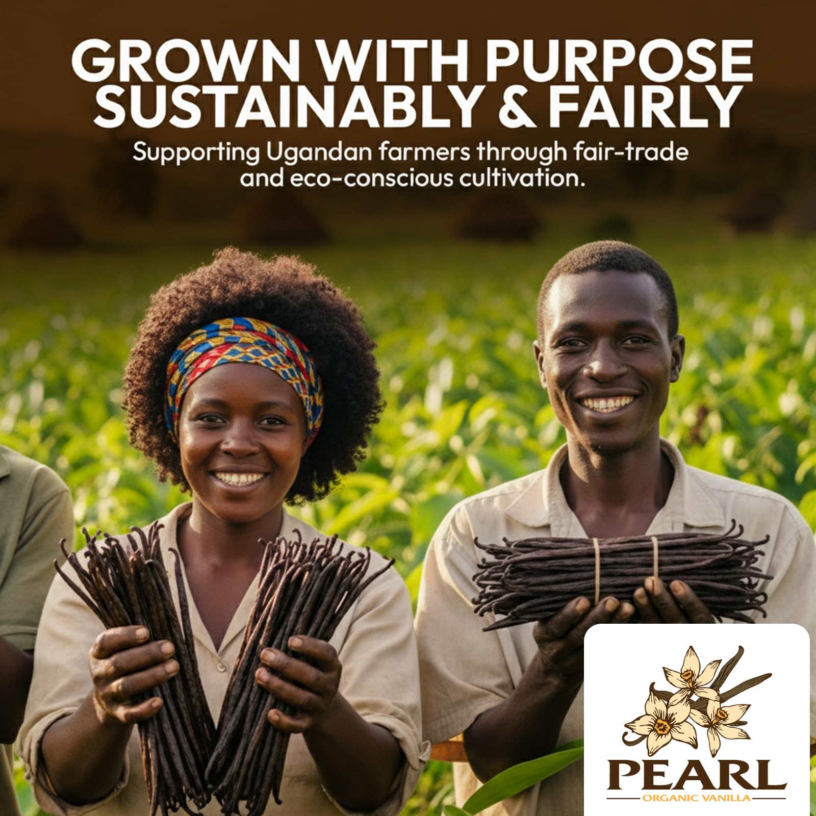 Pearl Organic Vanilla beans with organic label emphasizing ethical sourcing