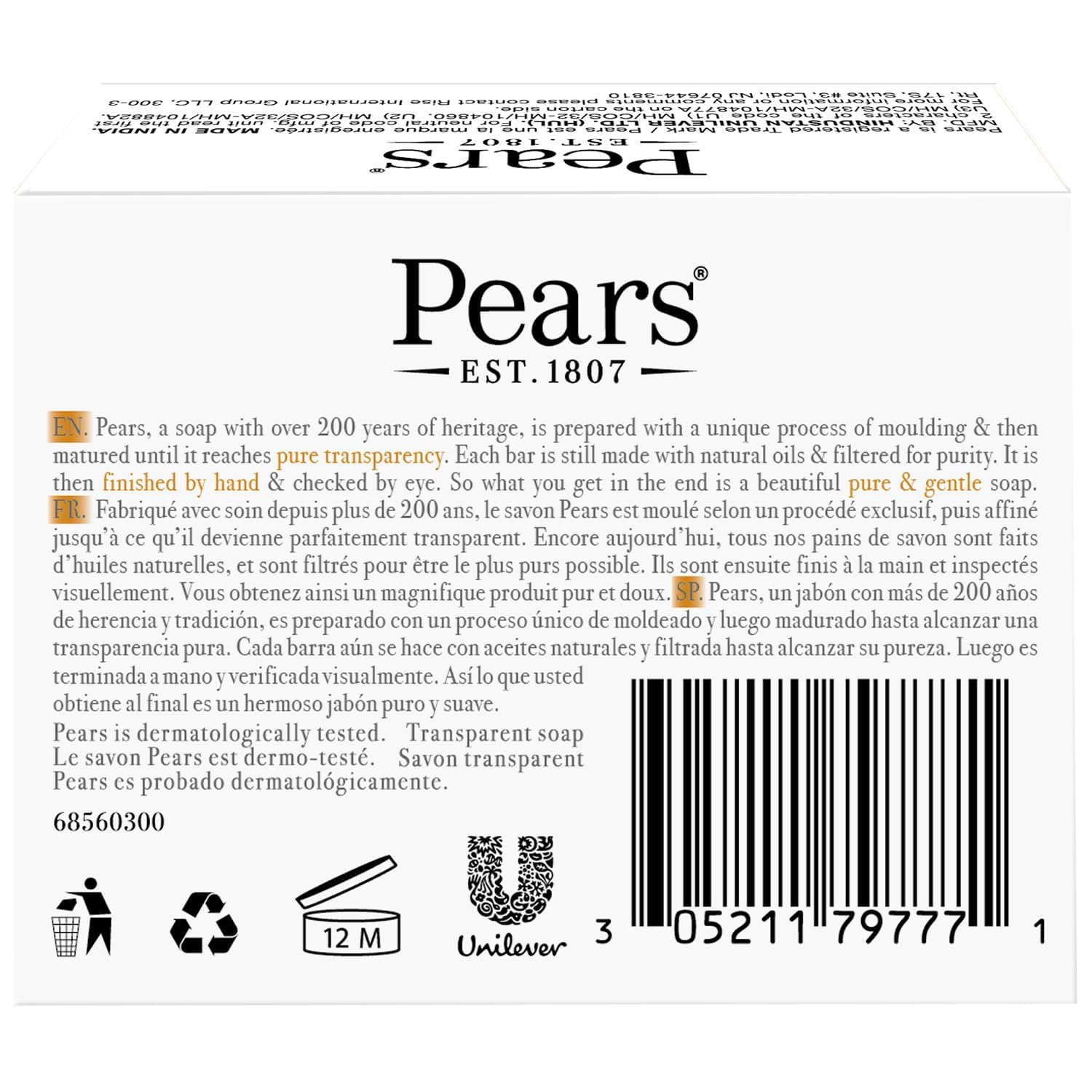 Pears amber translucent soap; soft lather with herbal spice notes.