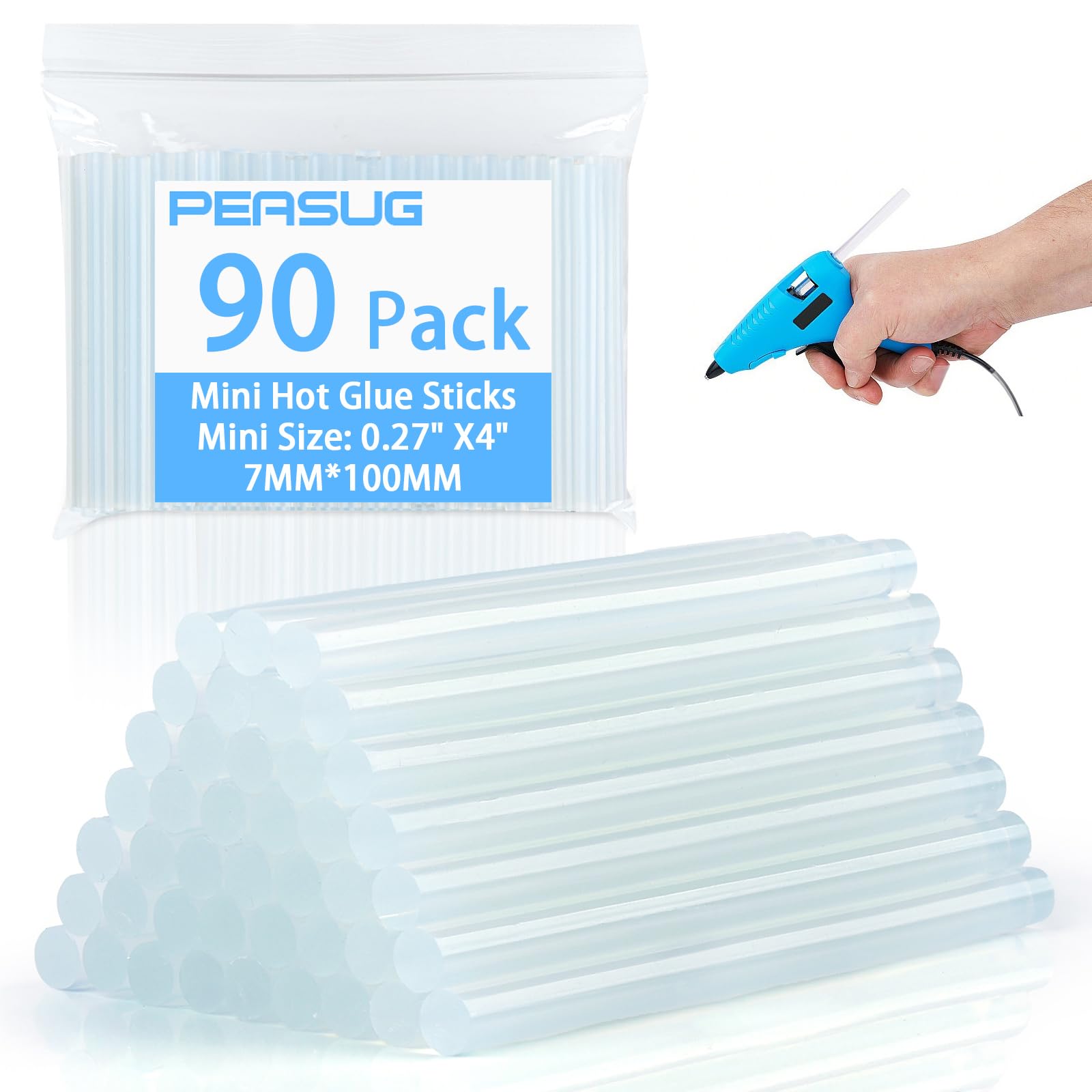 PEASUG 90 pcs mini hot glue sticks, clear, arranged for precise crafting and tasks