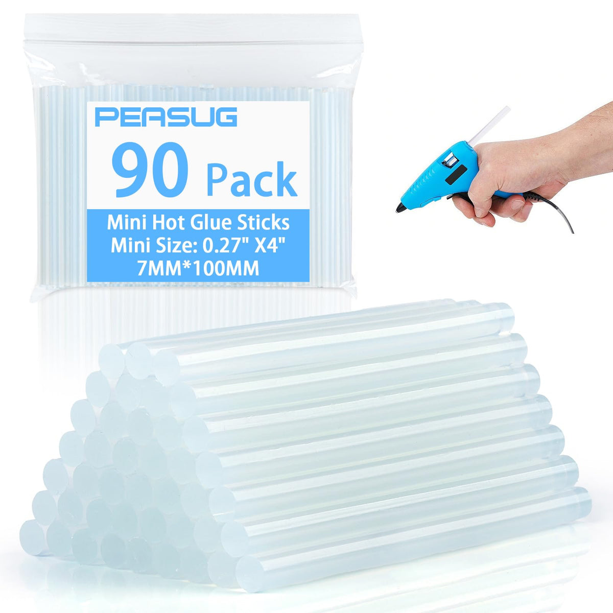 PEASUG 90 pcs mini hot glue sticks, clear, arranged for precise crafting and tasks