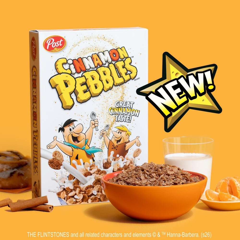 Family shares a bowl of Cinnamon PEBBLES during a busy morning with aroma.